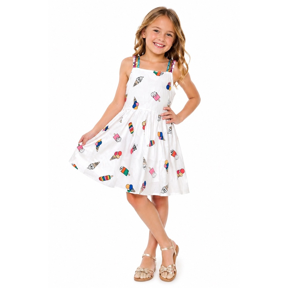 Lola The Boys‎ White Ice Cream Popsicle Print Party Dress Size 8 Cotton Rainbow